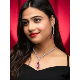 Niscka Rhodium Plated Red And White American Diamond Necklace With Earrings-image-31