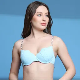 PrettyCat Lightly Padded Underwired Sexy Plunge Bra with Pearls Strap Blue-picture-25