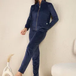 Sweet Dreams Navy Blue Solid Velour Spandex Sweatshirt & Pyjama-picture-12