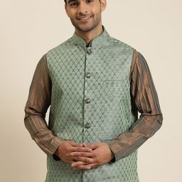 Sojanya Men Sea Green and Golden Woven Design Jacquard Silk Nehru Jacket-picture-12