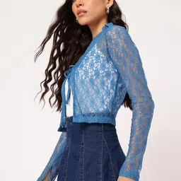 DressBerry Sunkissed-Style Front-Open Tie-Up Neck Sheer Lace Top image 4