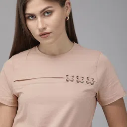 Roadster Women Mauve Solid Round Neck Pure Cotton T-shirt with Lace Detailing-picture-30