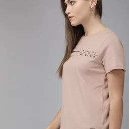 Roadster Women Mauve Solid Round Neck Pure Cotton T-shirt with Lace Detailing image 2