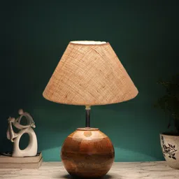Devansh Beige & Brown Textured Wooden Table Lamp With Jute Shade image 2
