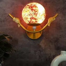 MFD HOME FURNISHING Gold-Toned & Red Printed Glass Wall Mounted Lamp With Metal Base image 3