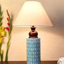 Unravel India Blue & White Pottery Ceramic Cylindrical Lamp with Shade-image-57