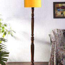 Devansh Yellow & Brown Cylindrical Cotton & Wooden Floor Lamp-picture-7