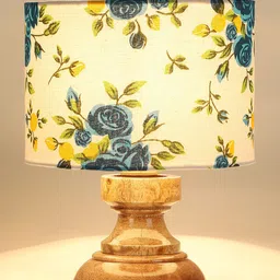 Devansh White & Blue Floral Printed Cotton Table Lamp with Wood Base image 2
