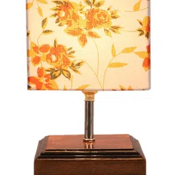 Devansh White & Orange Floral Printed Wooden Table Lamp with Cotton Square Shade image 2