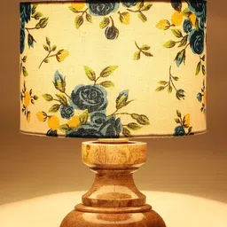 Devansh White & Blue Floral Printed Cotton Table Lamp with Wood Base image 5
