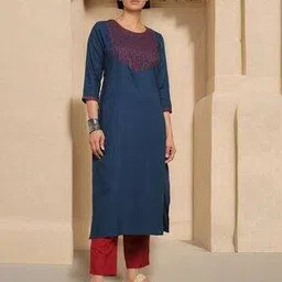 Straight Kurta with Embroidered Yoke-image-3