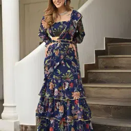 fusionic Women Floral Print Saree with Contrast Border image 1