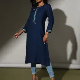 indie picks Women Hand Embroidered Straight Cut Kurta image 1