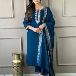dayaachi Women Embroidered Straight Kurta with Pants & Dupatta Set image 1