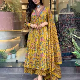 nirvaan Women Floral Print A-Line Kurta with Pants & Dupatta Set image 1