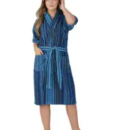 Women Striped Bath Robe with Waist Tie-Up-image-1