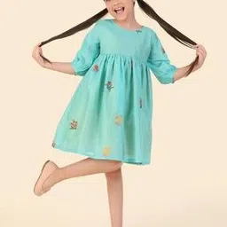 fabindia Girls Floral Print Round-Neck Fit & Flare Dress-picture-36