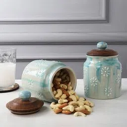 miah decor Set of 2 Ceramic Food Storage Jar Wooden Lid with Airtight Silicone Seal-picture-12