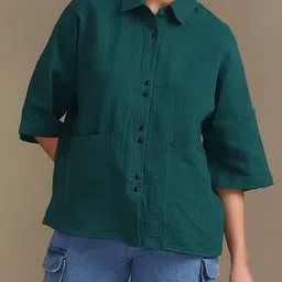 Shein Spread Collar Drop Shoulder Shirt with Patch Pockets-picture-13