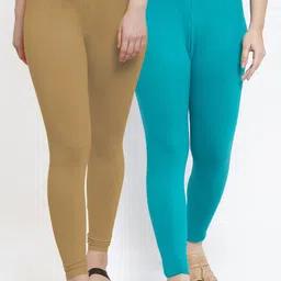 Jinfo Women Pack of 2 Solid Blue & Beige Super Combed Ankle Length Leggings-image-22