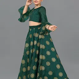 FASHION DREAM Girls Green And Gold Toned Organza Choli And Lather Foil Printed Lehenga Set image 2