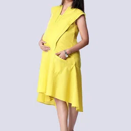 Mom For Sure by Ketki Dalal Yellow Cotton Linen High-Low Maternity A-Line Midi Dress image 4