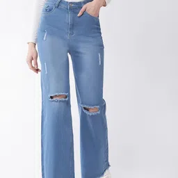 Purple Feather Women Blue Flared High-Rise Mildly Distressed Light Fade Stretchable Jeans-image-67