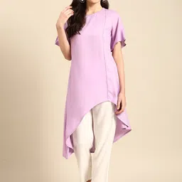 Sangria Women Solid Lace Inserts Asymmetric Flared Hem A-Line Kurta image 1