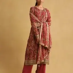 ritu kumar Loose Fit Leaf Print Straight Kurta Suit Set-picture-17