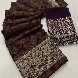 peachmode Women Floral Foil Printed Georgette Saree With Tassels & Unstitched Blouse Piece -picture-28