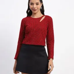 madame Women Embellished Relaxed Fit Round-Neck Top with Cut-Out image 1