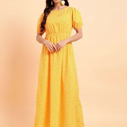 MINT STREET Puff Sleeves  Floral Print Crepe A-Line Dress-image-85