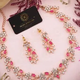 brado jewellery Women Rose Gold-Plated American-Diamond Studded Stud Necklace & Earrings Set-picture-15