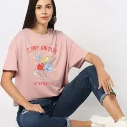 Women Graphic Print Oversized Fit Crew-Neck T-Shirt-image-10