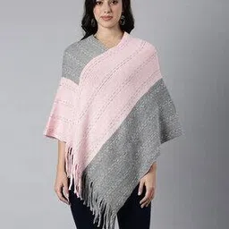 showoff Women Colourblock Poncho with Fringes-picture-14