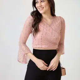 globus V-Neck Flared Sleeves Embellished Sheen Waist Tie-Up Party Crop Top-picture-47