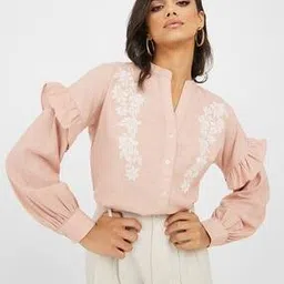 styli Women Embroidered Ruffle Detail Mandarin Collar Shirt-picture-41