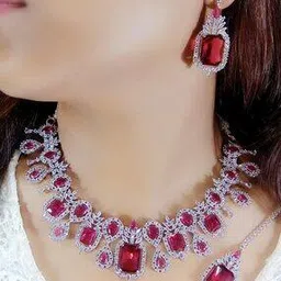 ladymania Women Silver-Plated American Diamond-Studded Necklace & Earrings Set-picture-33