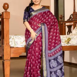 ri-wah Women Block Print Saree with Contrast Border image 1