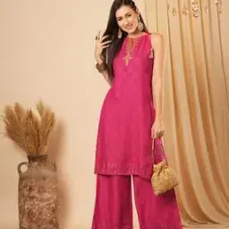 globus Women Tie-Up Micro Print Kurta with Palazzos Festive Set-picture-28