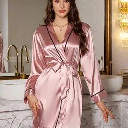 stareoutfit Women V-Neck Satin Robe with Waist Tie-Up-picture-50