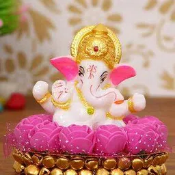 ecraftindia Lord Ganesha Idol on Decorative Handcrafted Plate with Pink Flowers-picture-47