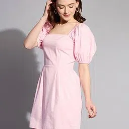 freehand Women Square Neck Puff Sleeve Cotton Fit & Flare Shift Dress-picture-38