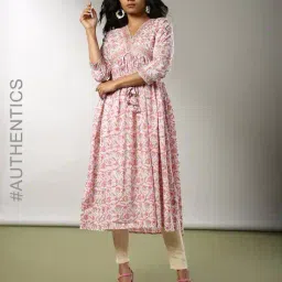 indie picks Handblock Print Cotton Flared Kurta image 1