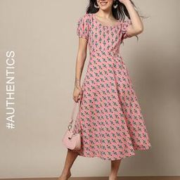 indie picks Handblock Print Cotton Fit & Flare Dress-picture-0