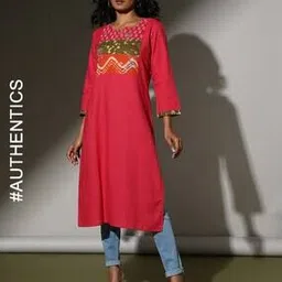 indie picks Women Hand Embroidered Straight Cut Cotton Kurta-picture-18