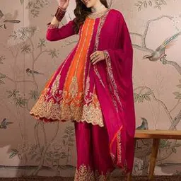 Women Embroidered Flared Kurta with Palazzos & Dupatta-image-7