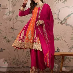 miss ethnik Women Embroidered Flared Kurta with Palazzos & Dupatta image 1