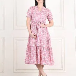 moms maternity Women Floral Print Fit & Flare Dress with Mandarin Collar-picture-34