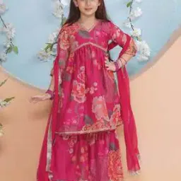 fabflee x ag Girls Floral Print Angrakha Kurta with Sharara & Dupatta-picture-11